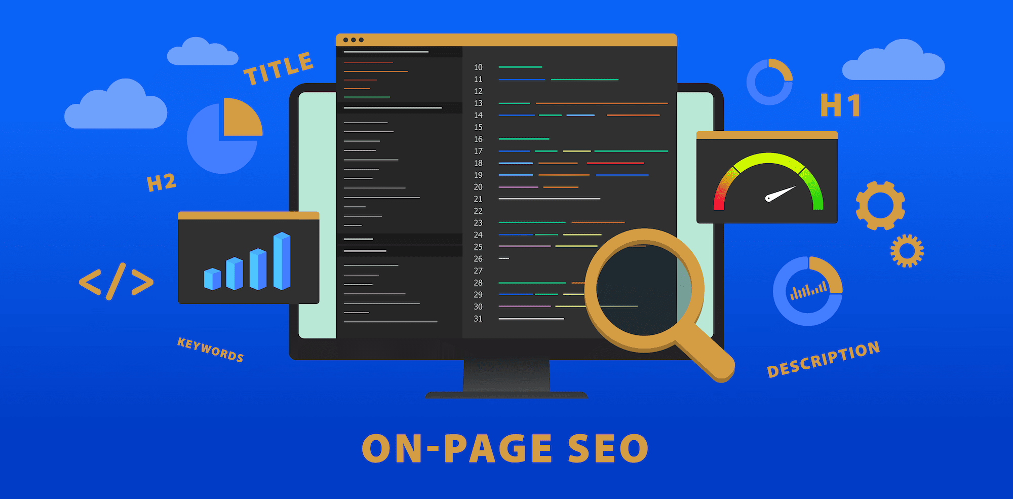 On-page SEO (Search Engine Optimization) website vector banner concept. Change of title, description, meta tags, h1, headlines and keywords. Web development seo for better ranking in search engines.
